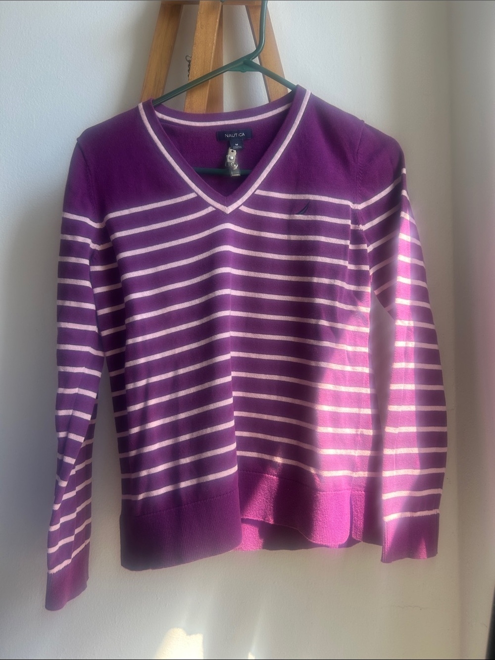 Nautica Purple and Cream Striped V-Neck Sweater